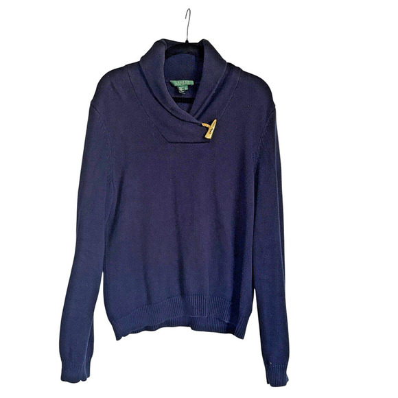 Lauren Ralph Lauren Sz XL Shawl Neck Sweater Nautical Cozy Navy &‎ Gold - Picture 1 of 12